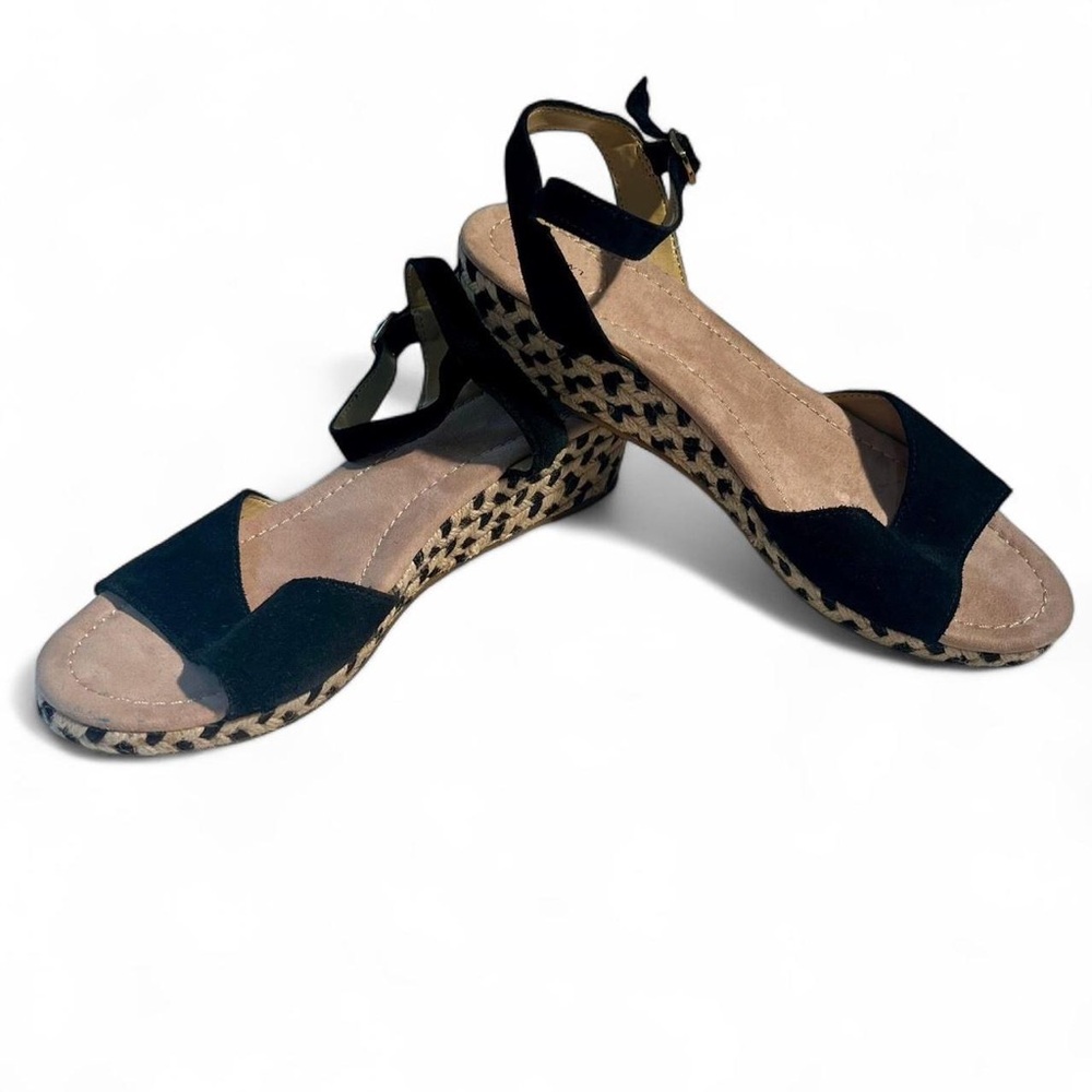 Land's End black suede and tan braided jute espadrille wedge sandals - 10